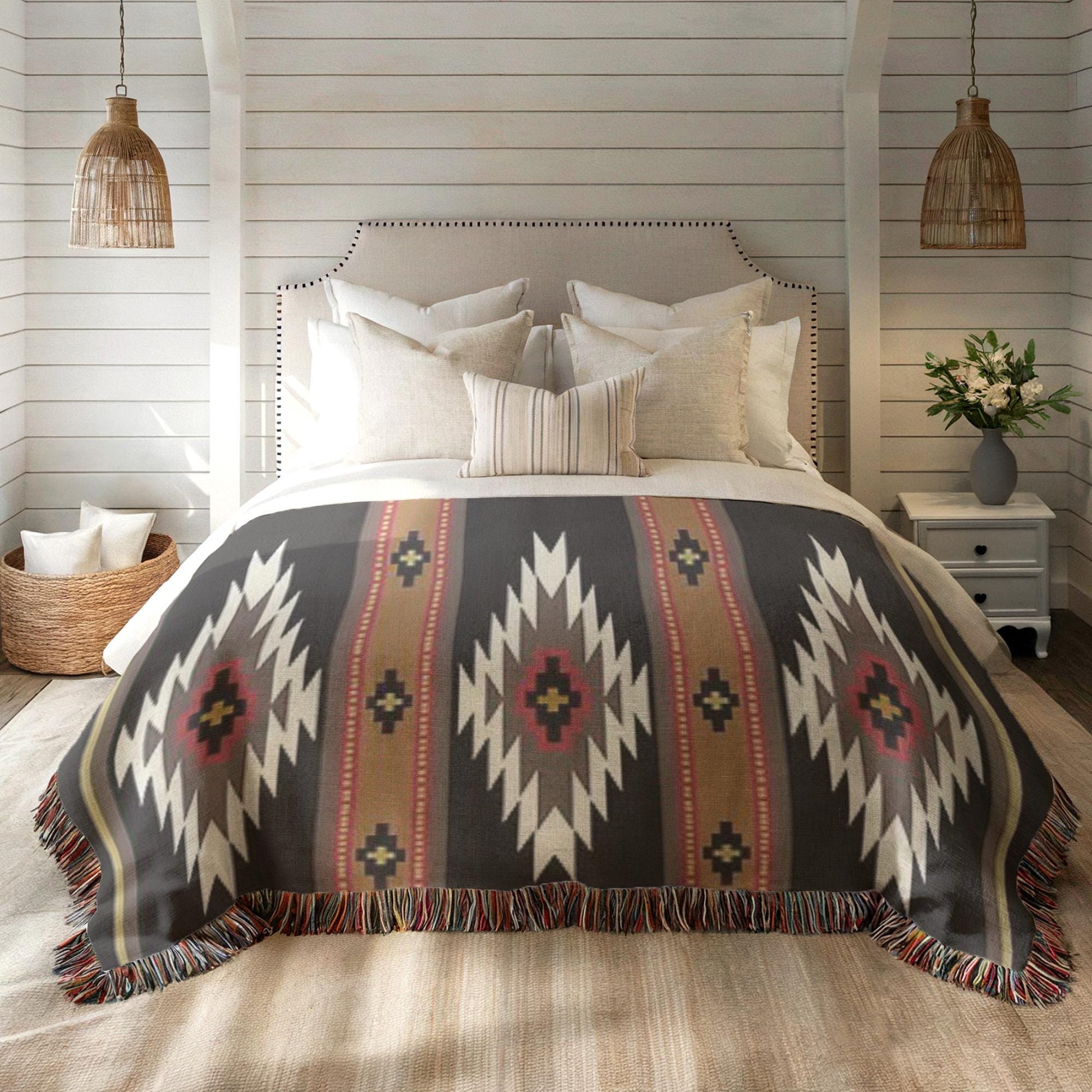 a cozy bedroom with a large bed adorned with a colorful, patterned blanket and pillows. The bed is set against a backdrop of white walls and wooden beams, creating a warm and inviting atmosphere. The room also includes a nightstand with a vase of flowers, adding a touch of nature and elegance to the space.