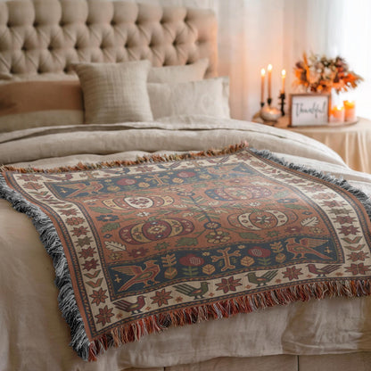 Rust and navy Ghapama woven blanket layered on a bed with a tufted headboard
