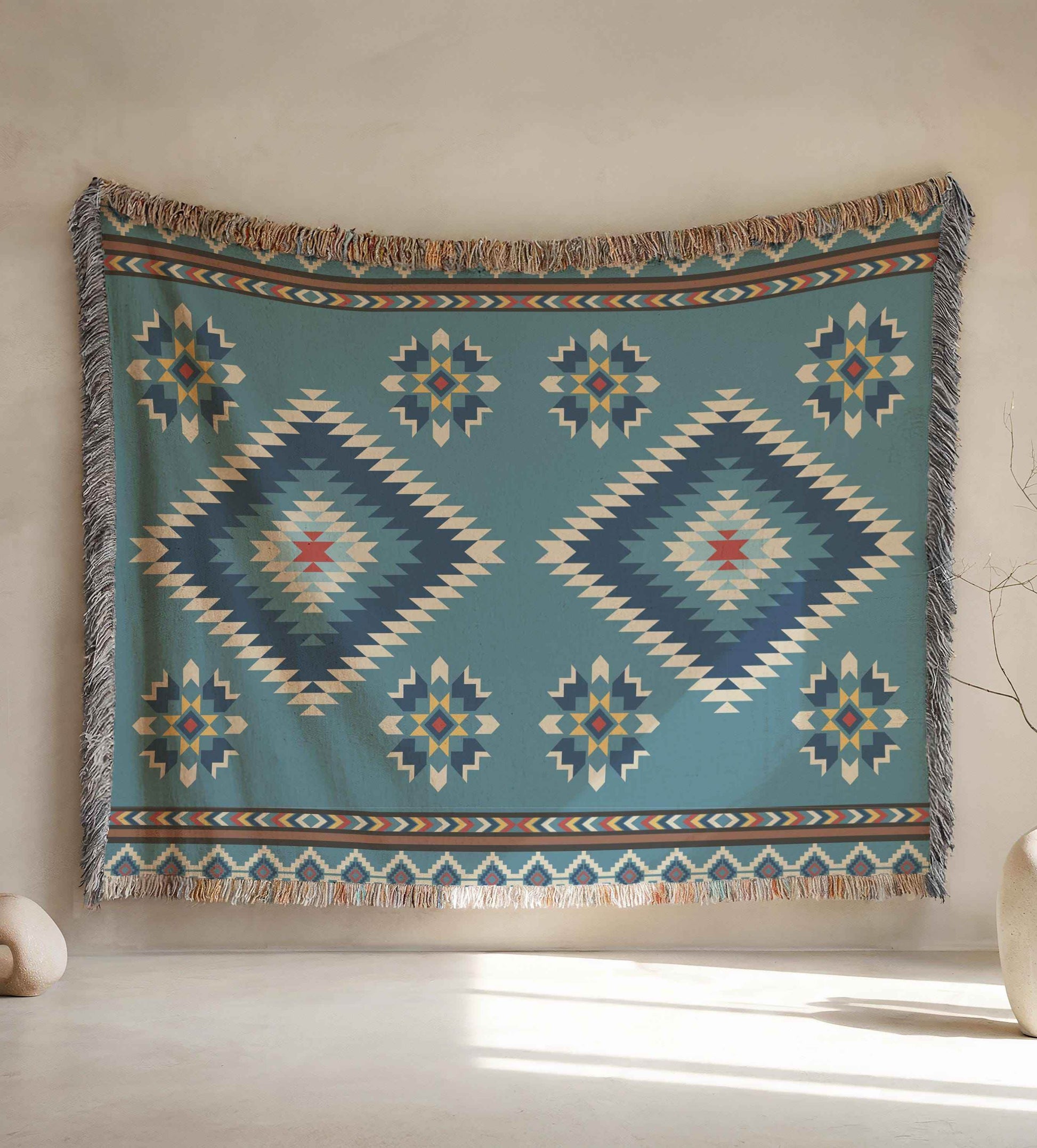 Navajo Wall Tapestry - Rustic Cotton Boho Patio Blanket with Colorful Fringed Edges - timelessbohochic.com