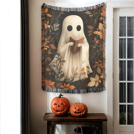 Cute Ghost Blanket – Cozy Fall Throw With Soft Cotton Woven Fabric & Colorful Fringed Edges