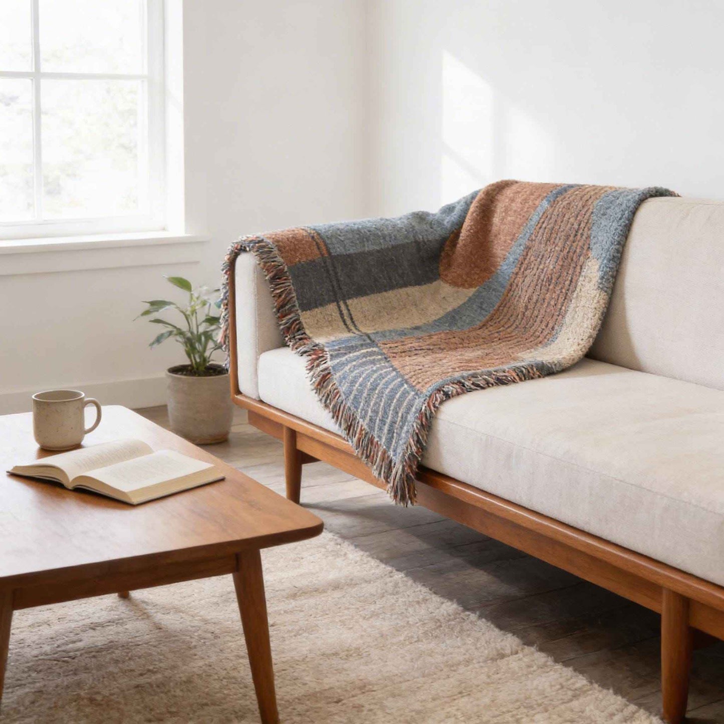 Modern Geometric woven blanket with geometric pattern styled for layered home decor