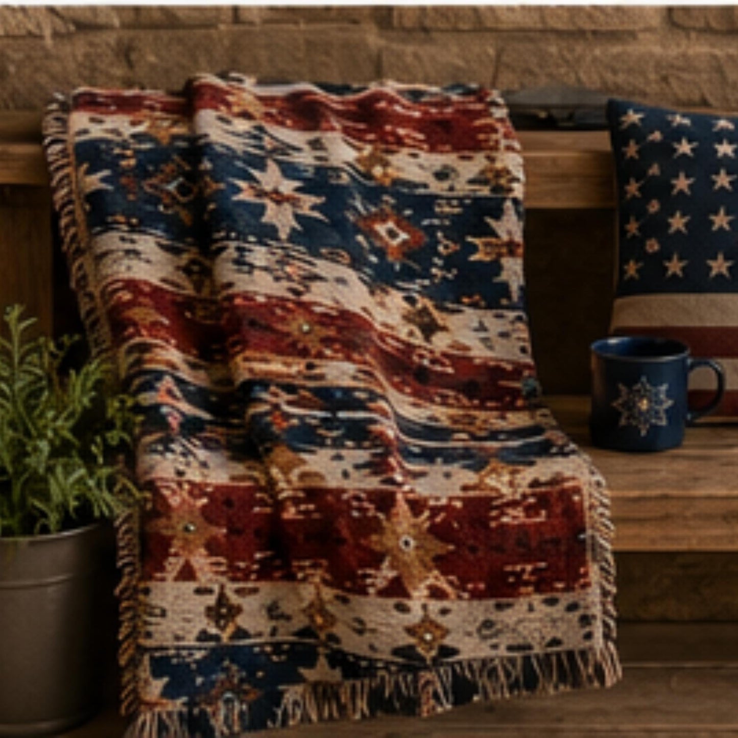 Southwestern woven blanket with geometric pattern styled for layered home decor