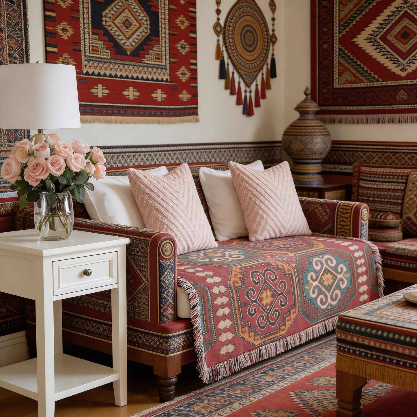 Caucasian Rug Inspired woven blanket with geometric pattern styled for layered home decor
