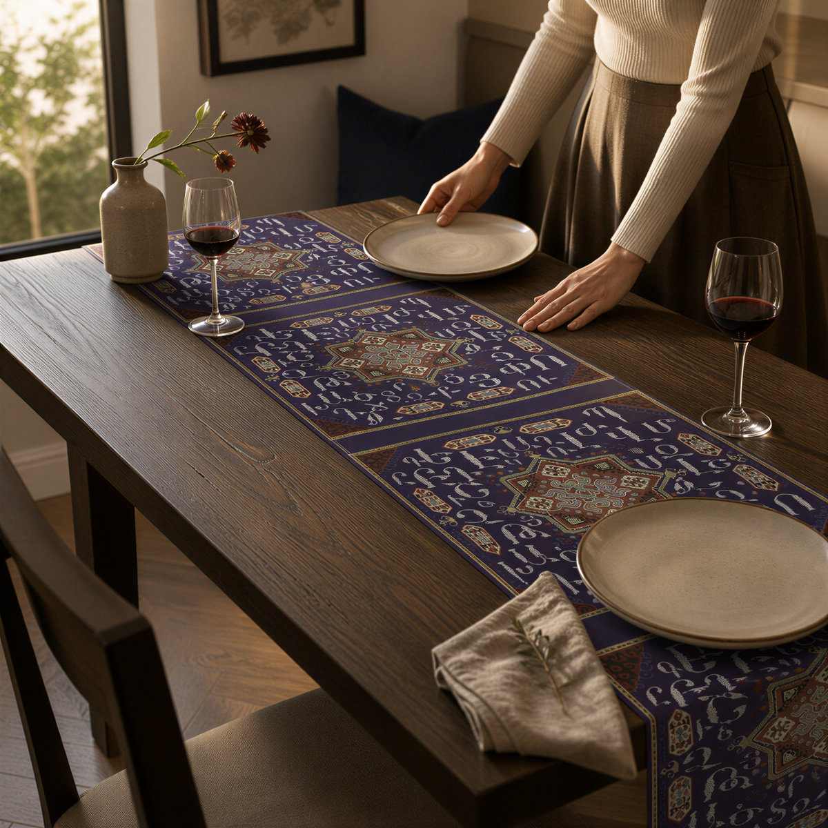 Armenian alphabet table runner in deep blue being laid on a dining table