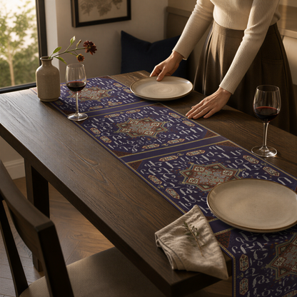 Armenian alphabet table runner in deep blue being laid on a dining table