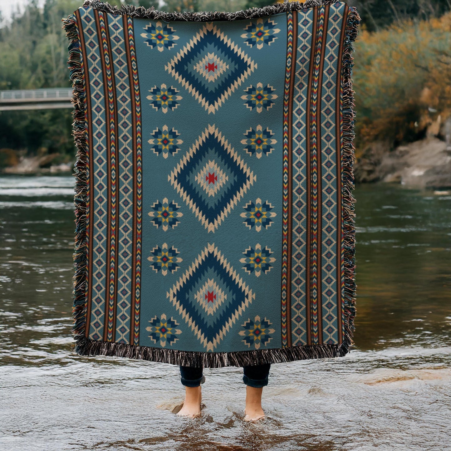 Southwestern outdoor woven throw blanket with geometric pattern for patio styling