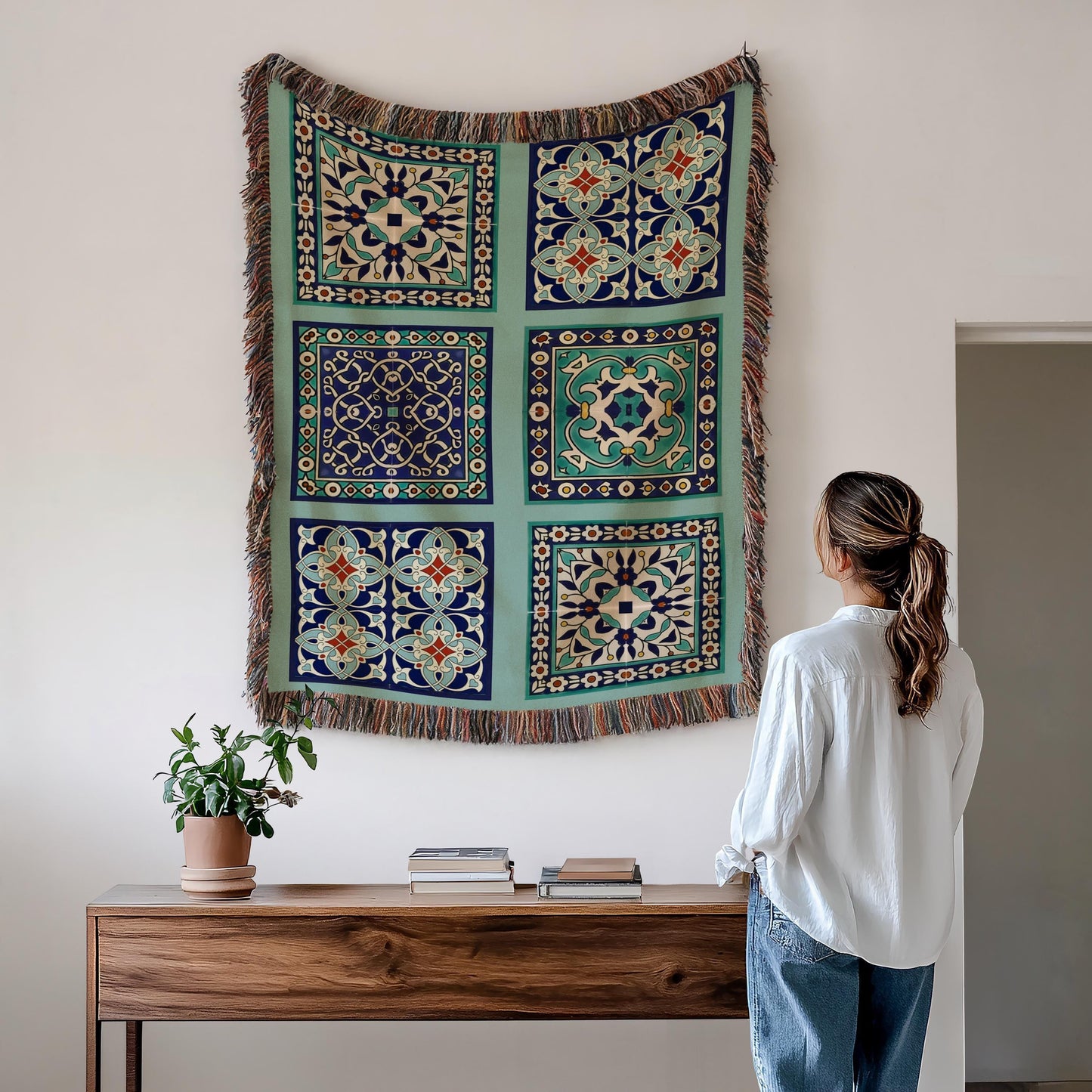 Anatolian Inspired woven wall tapestry with geometric pattern styled as textile wall decor