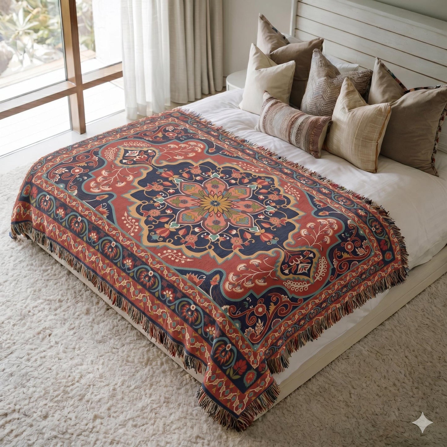 Anatolian Inspired woven blanket with rug-style pattern styled for layered home decor