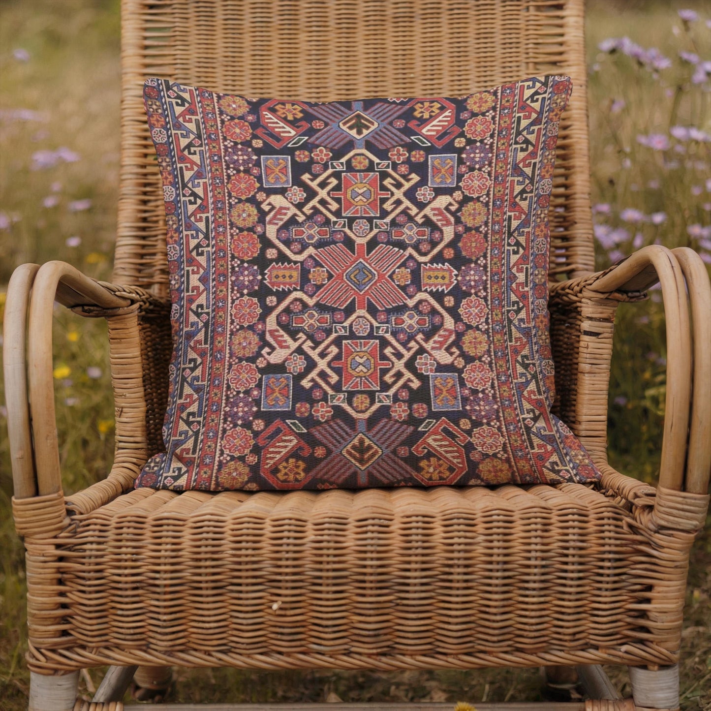 Anatolian Inspired woven blanket with rug-style pattern styled for layered home decor