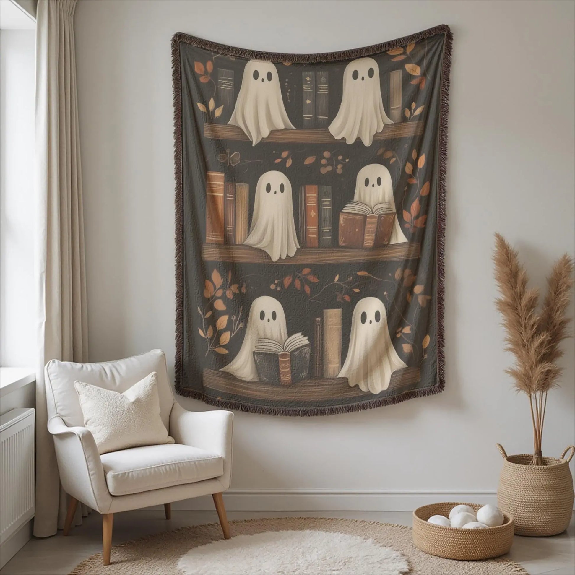 Halloween Tapestry Decor – Spooky Ghost Wall Art | Cozy Cotton Bookshelf Hanging