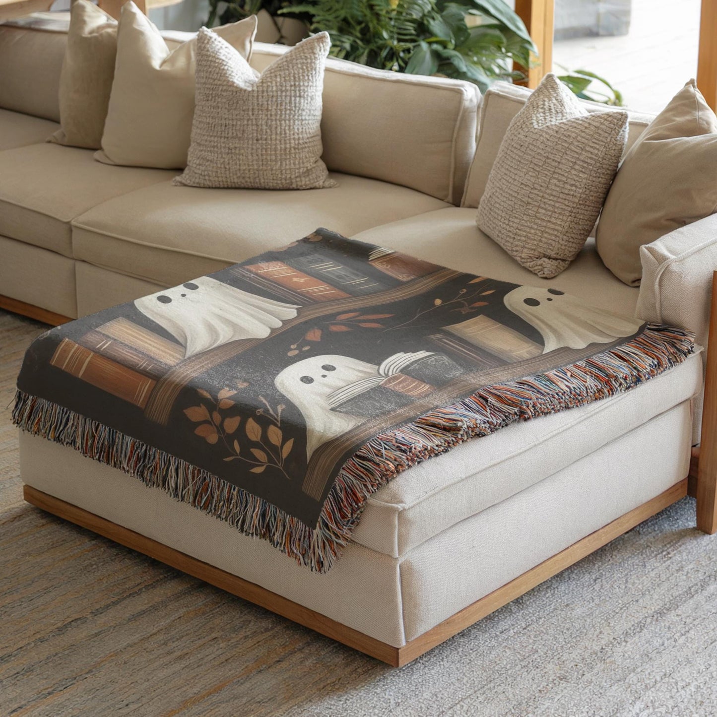 Halloween Blanket | Spooky Sofa Throw With Ghost Bookshelf Decor & Colorful Fringed Edges