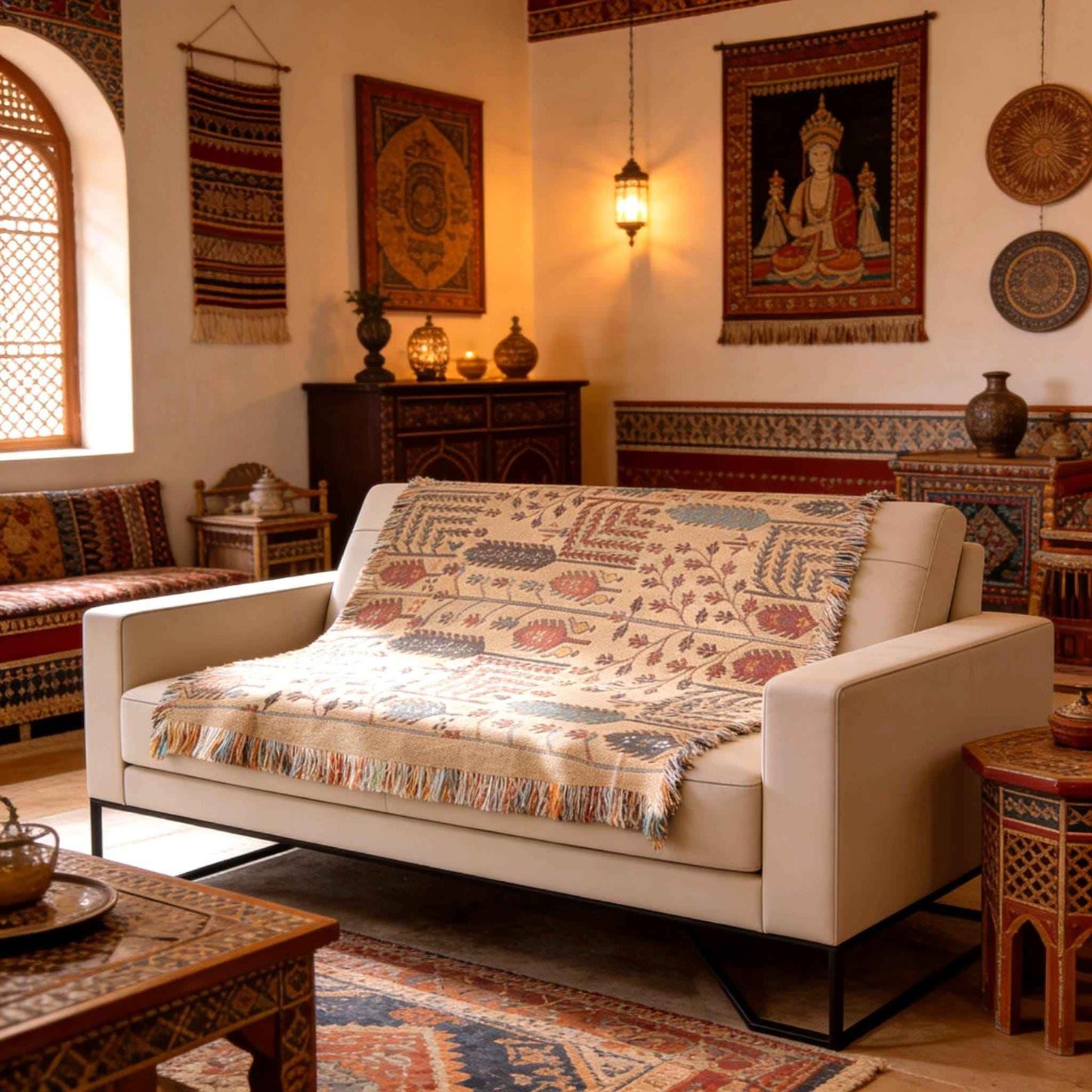 Caucasian Rug Inspired woven blanket with geometric pattern styled for layered home decor