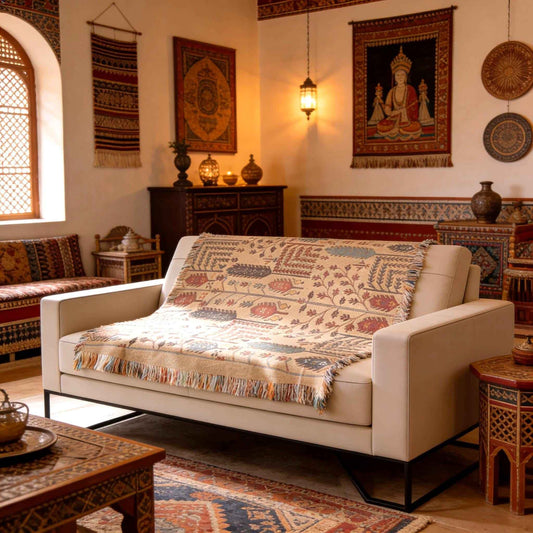 Caucasian Rug Inspired woven blanket with geometric pattern styled for layered home decor