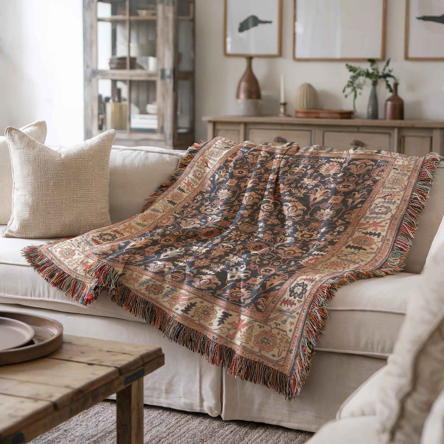 Anatolian Inspired woven blanket with geometric pattern styled for layered home decor