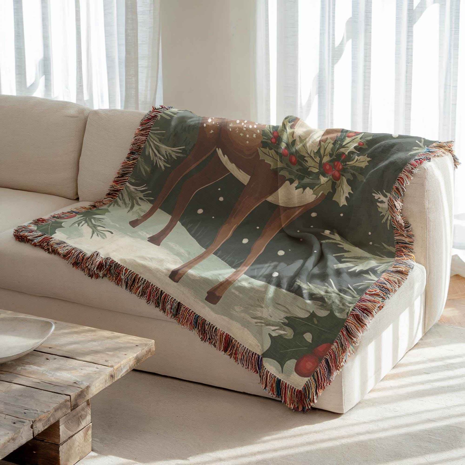 Christmas Woven Blanket – Cozy Cotton Throw With Festive Reindeer & Woodland Creatures - timelessbohochic.com