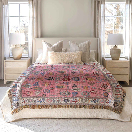 Anatolian Inspired woven blanket with rug-style pattern styled for layered home decor