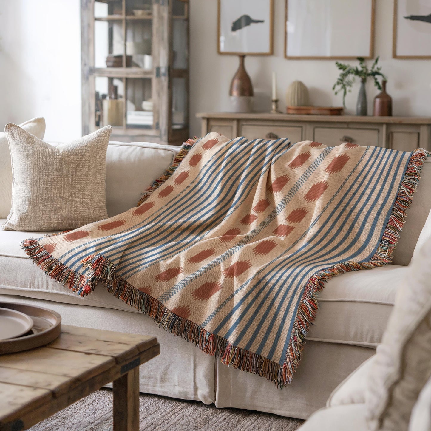 Modern Geometric outdoor woven throw blanket with geometric pattern for patio styling