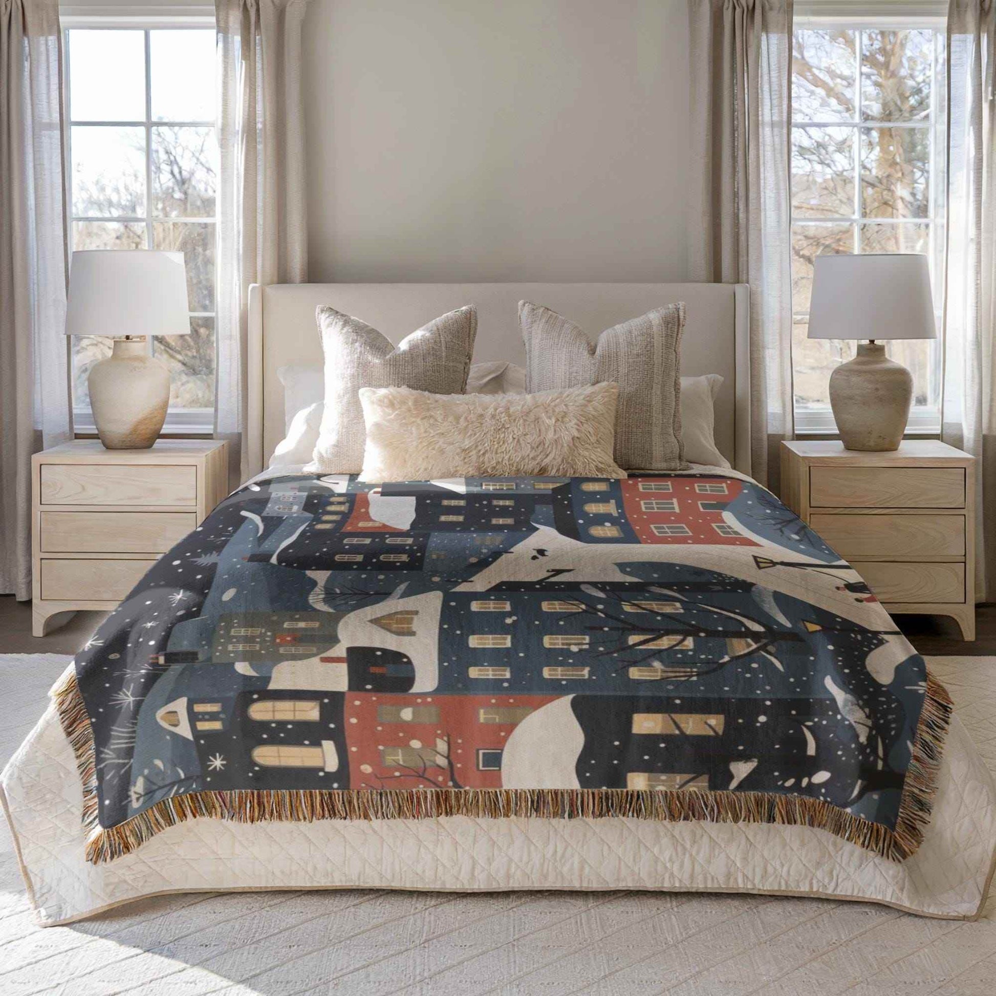Xmas Village Throw Blanket – Cozy Cotton Woven Holiday Decor with Fringed Edges - timelessbohochic.com