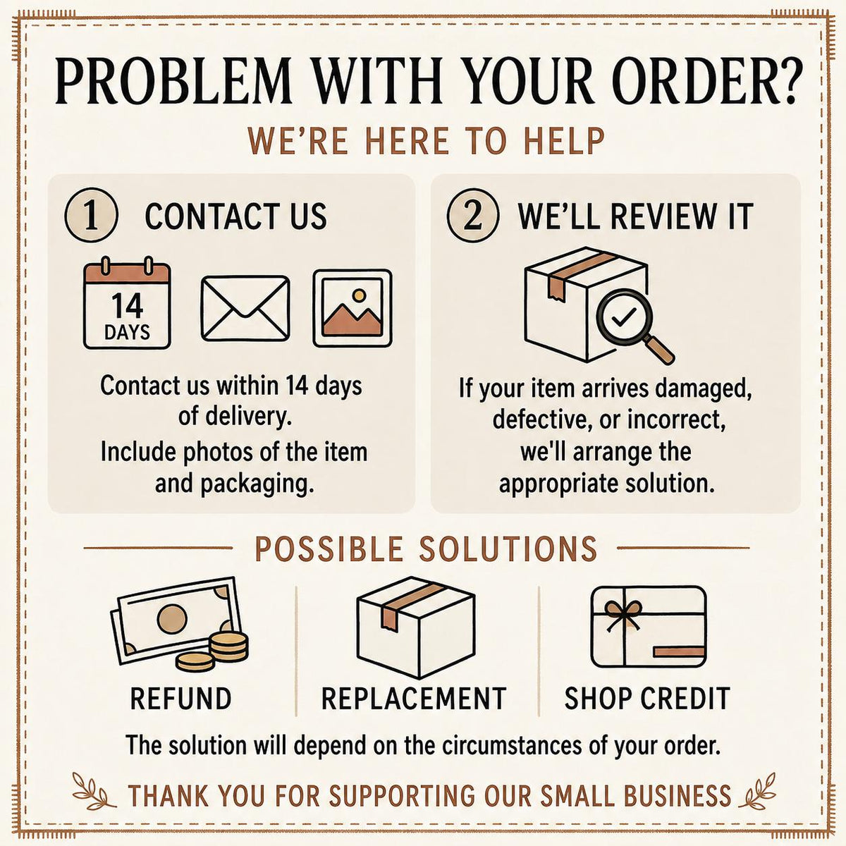 Order problem card: contact us within 14 days with photos for a refund, replacement or shop credit