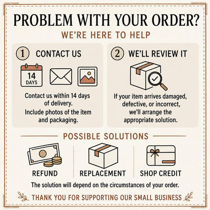Order problem card: contact us within 14 days with photos for a refund, replacement or shop credit