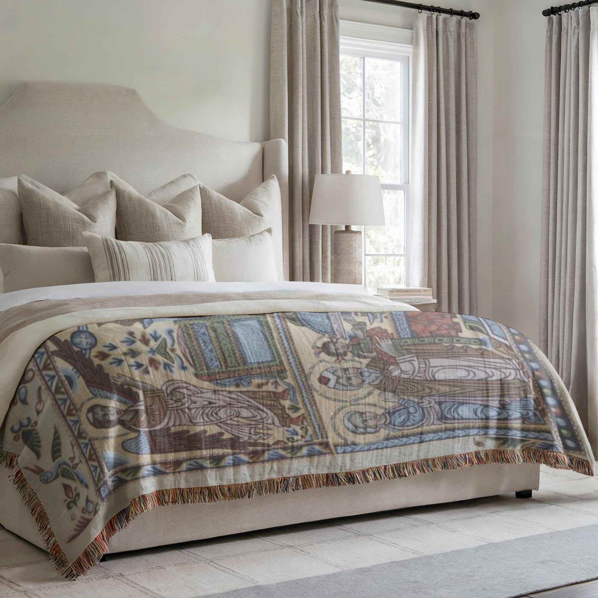 Armenian Tapestry Throw – Faith Inspired Decor With Annunciation Scene Cotton Throw - timelessbohochic.com