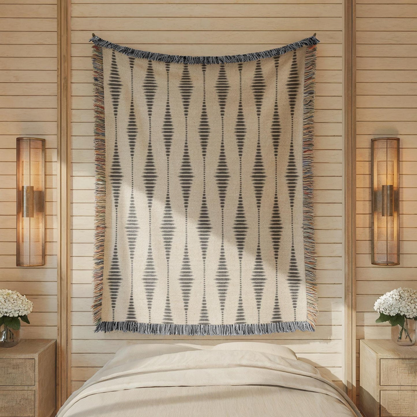 Modern Geometric woven blanket with geometric pattern styled for layered home decor