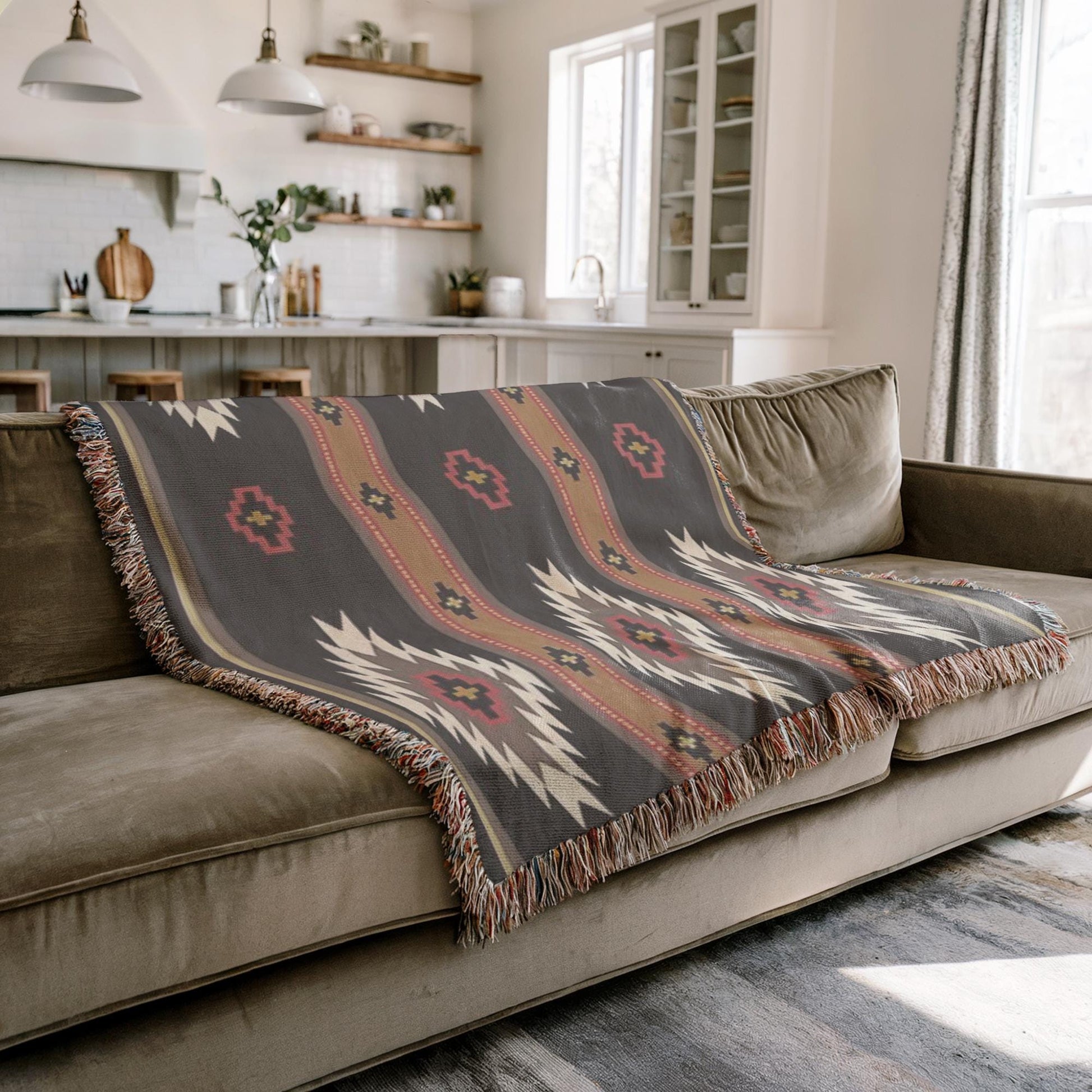 a cozy living room with a brown sofa and a patterned throw blanket draped over it. The room has a kitchen visible in the background, featuring a sink and various kitchen items.