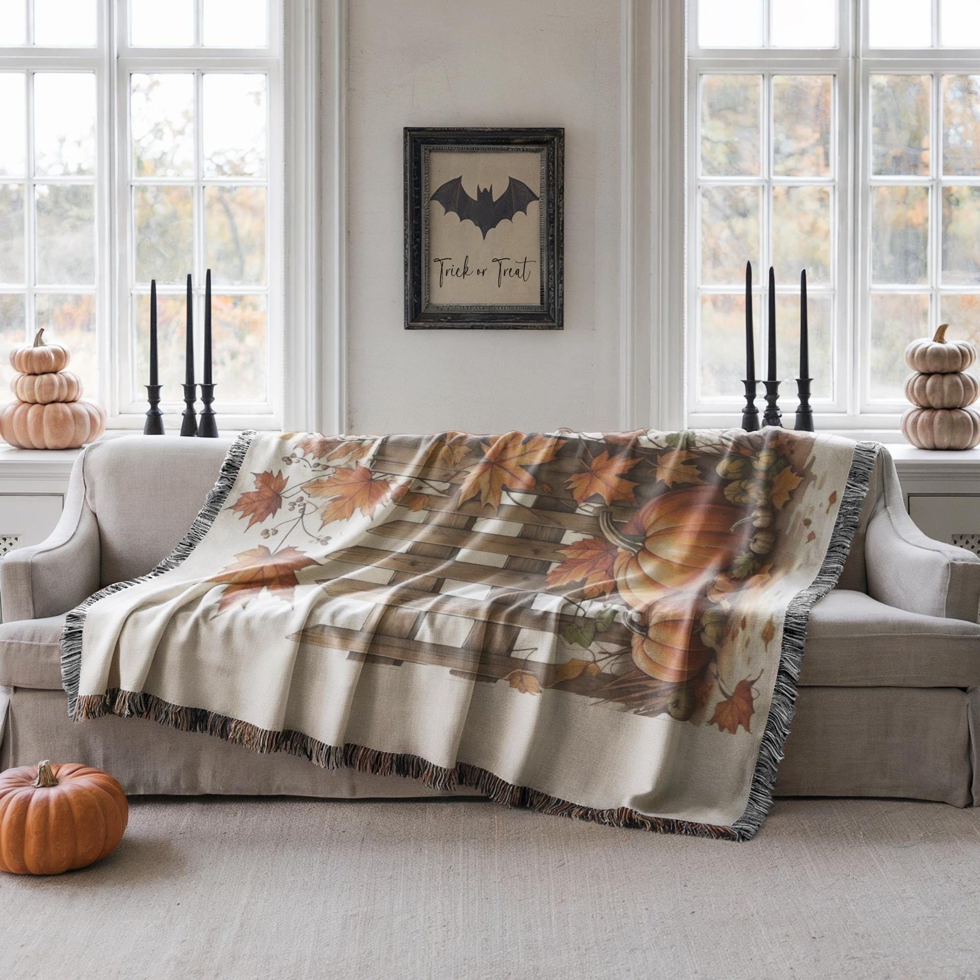Thanksgiving Woven Blanket, Fall Leaves Couch Throw, Harvest Season Bedding, Autumn Cotton Throw, Warm Farmhouse Decor, Mom Dad Gift Idea