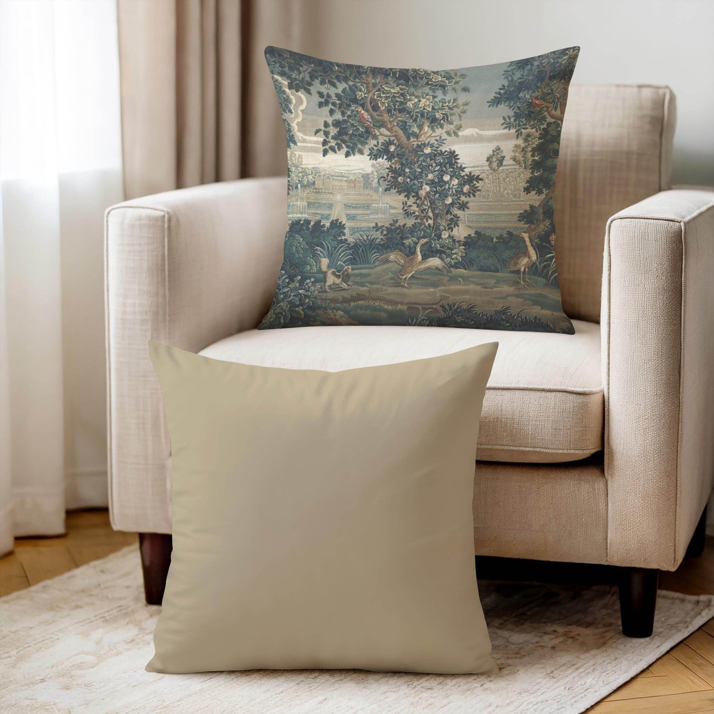 French Tapestry Pillow – Aubusson Style Decorative Cushion with Soft Fabric Insert - timelessbohochic.com