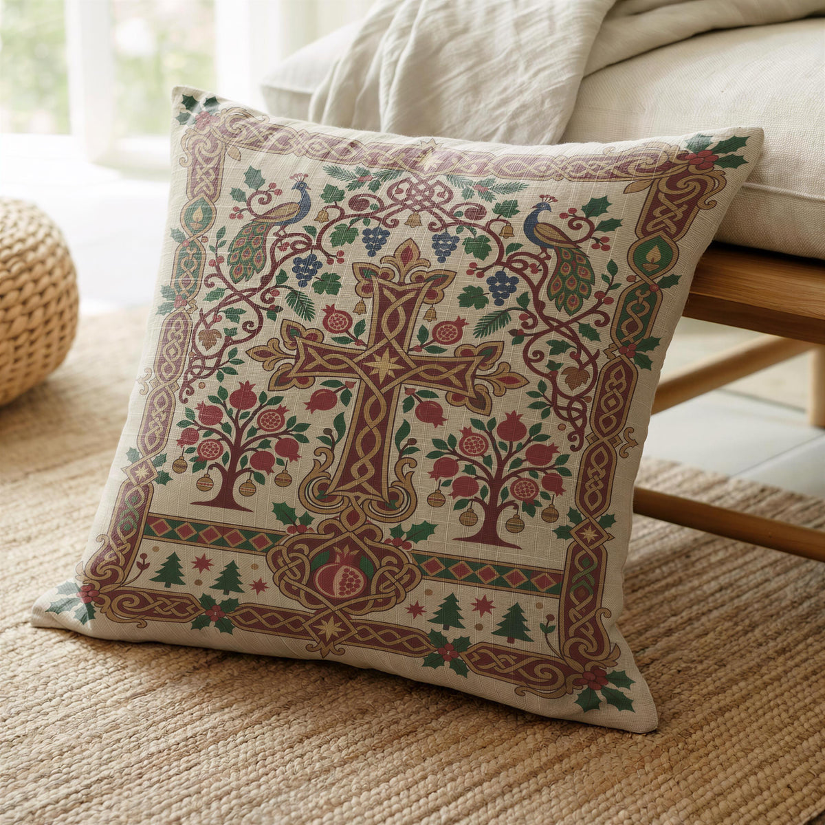 Close view of the Armenian Christmas pillow: ornamental cross, pomegranate trees and festive motifs