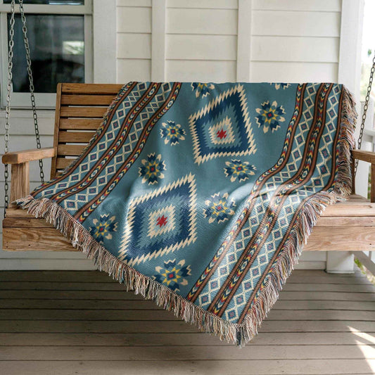 Navajo Cotton Blanket – Teal Brown Geometric Picnic Rug with Fringed Edge - timelessbohochic.com