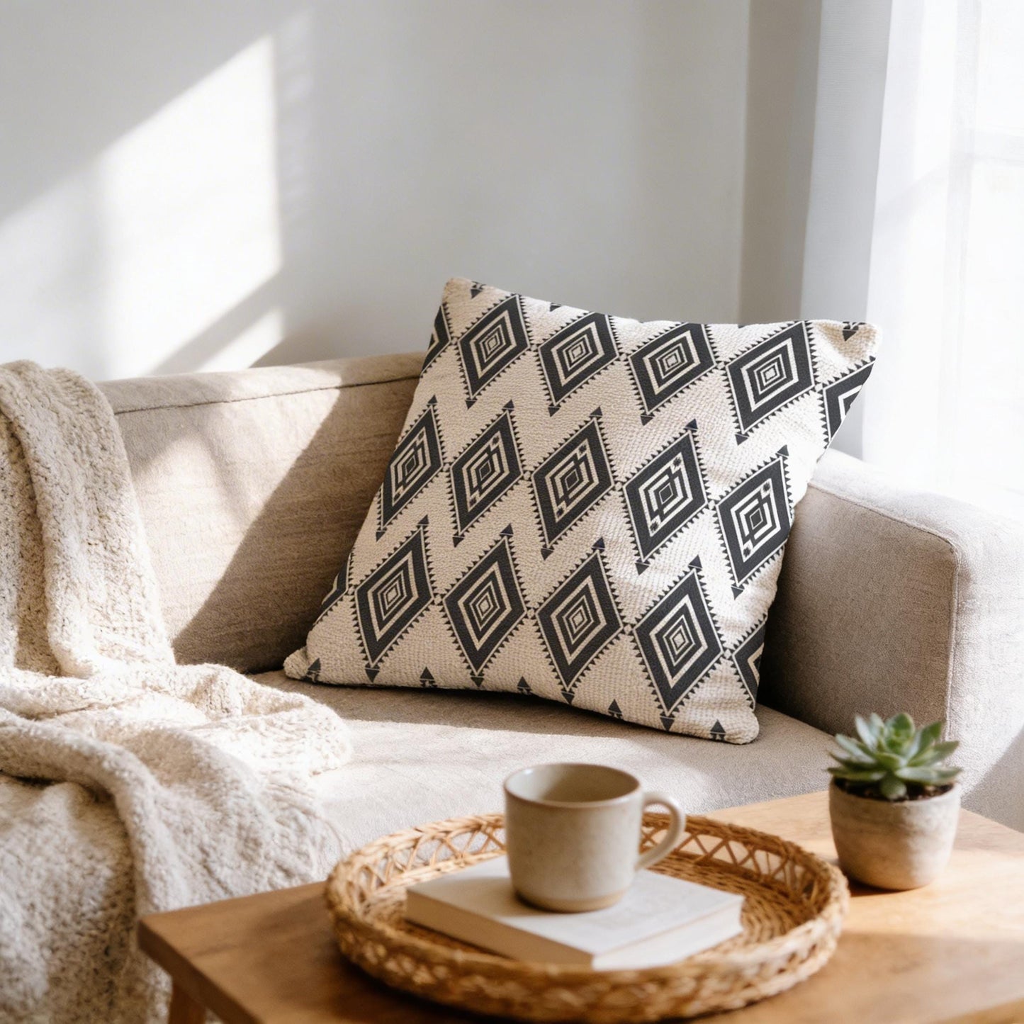 Southwestern throw pillow with geometric pattern styled on a sofa or bed