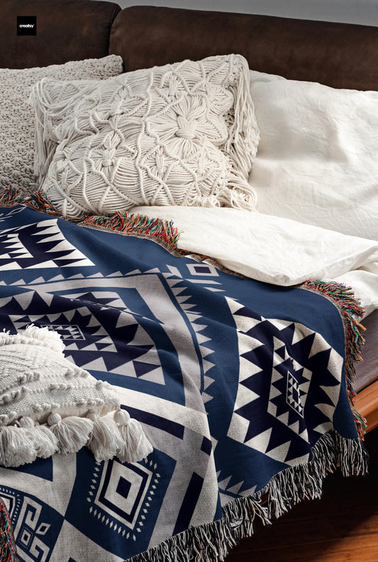 Woven Aztec Blanket - Cozy Boho Bedspread With Colorful Fringed Throw