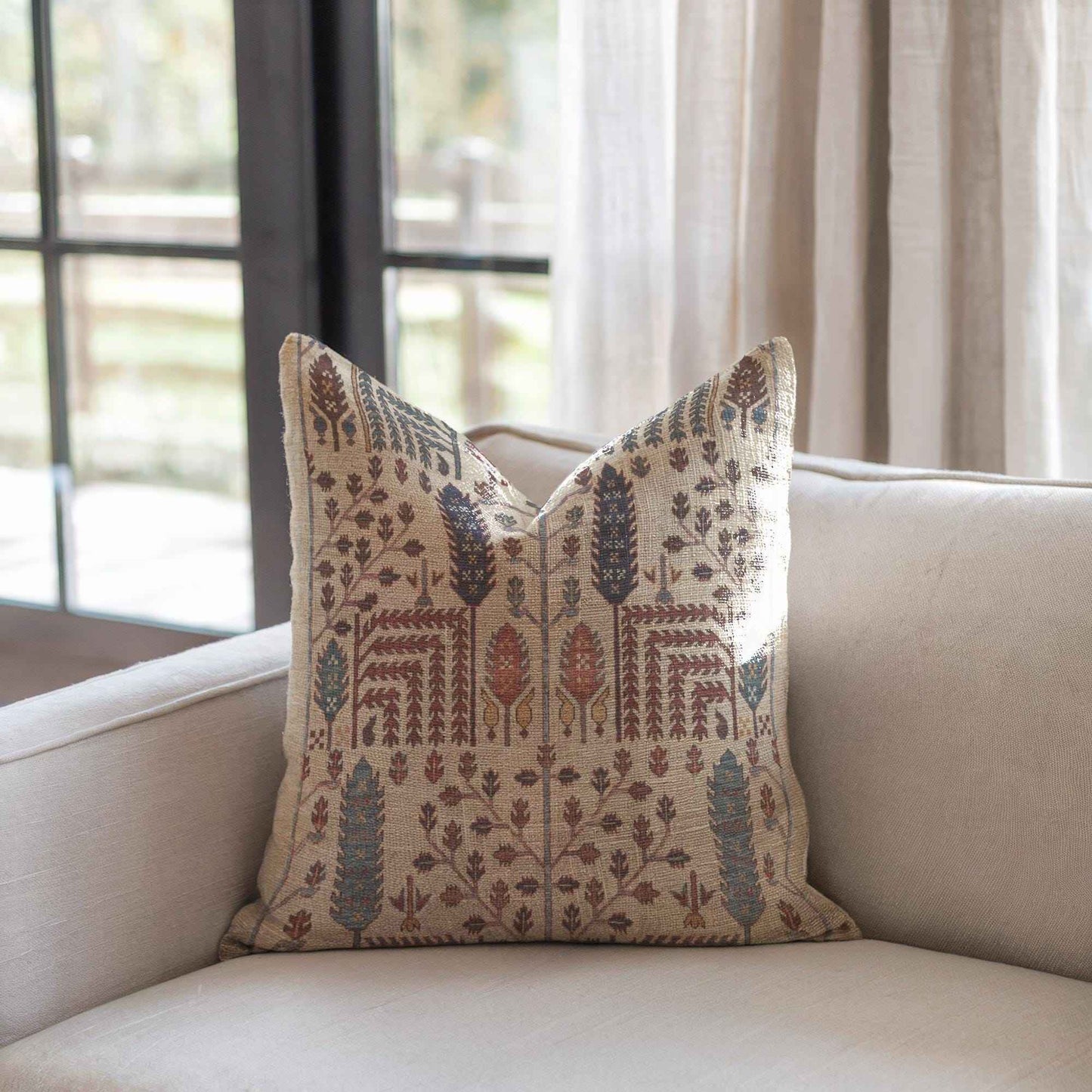 Rustic Cabin throw pillow with woven pattern styled on a sofa or bed