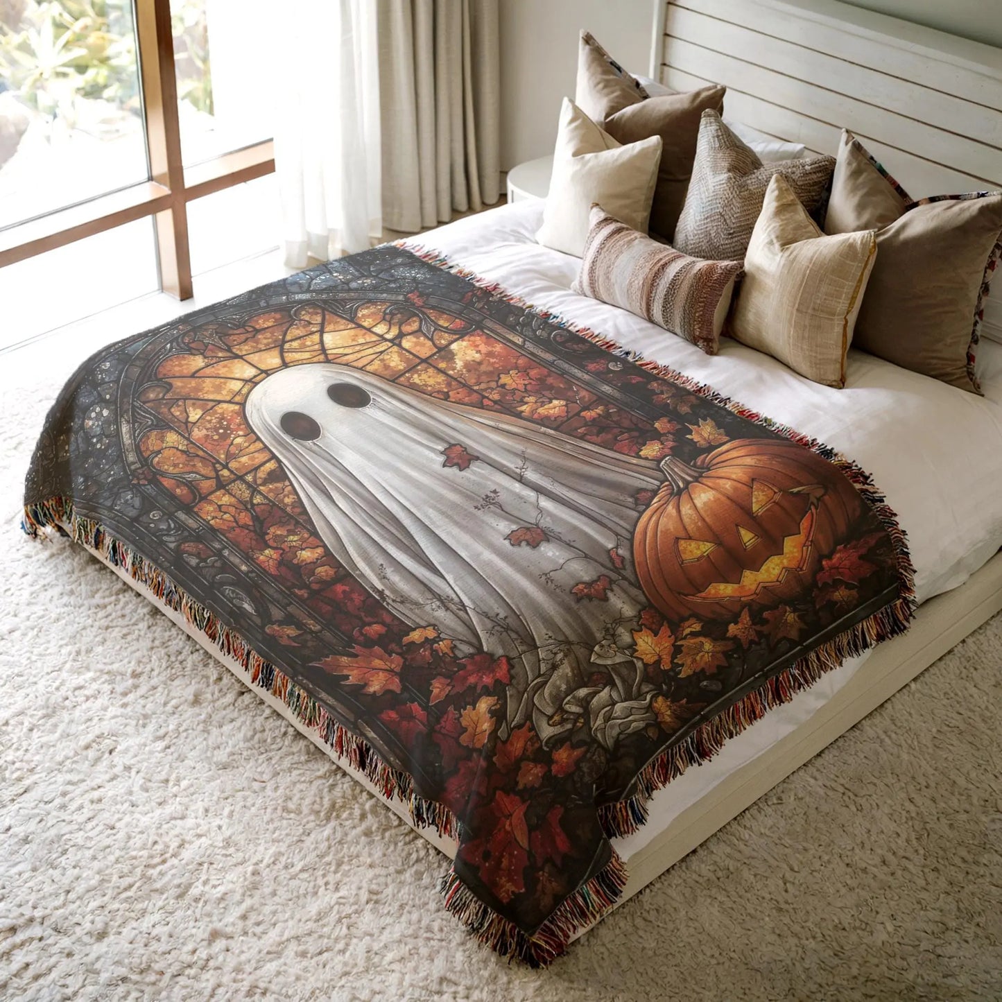 Halloween Blanket Throw – Ghost Pumpkin Design | Cozy Cotton Woven Blanket
