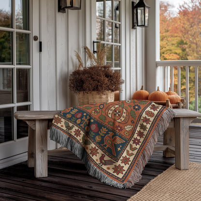 Rust and navy Armenian woven blanket on a wooden porch bench beside a woven basket