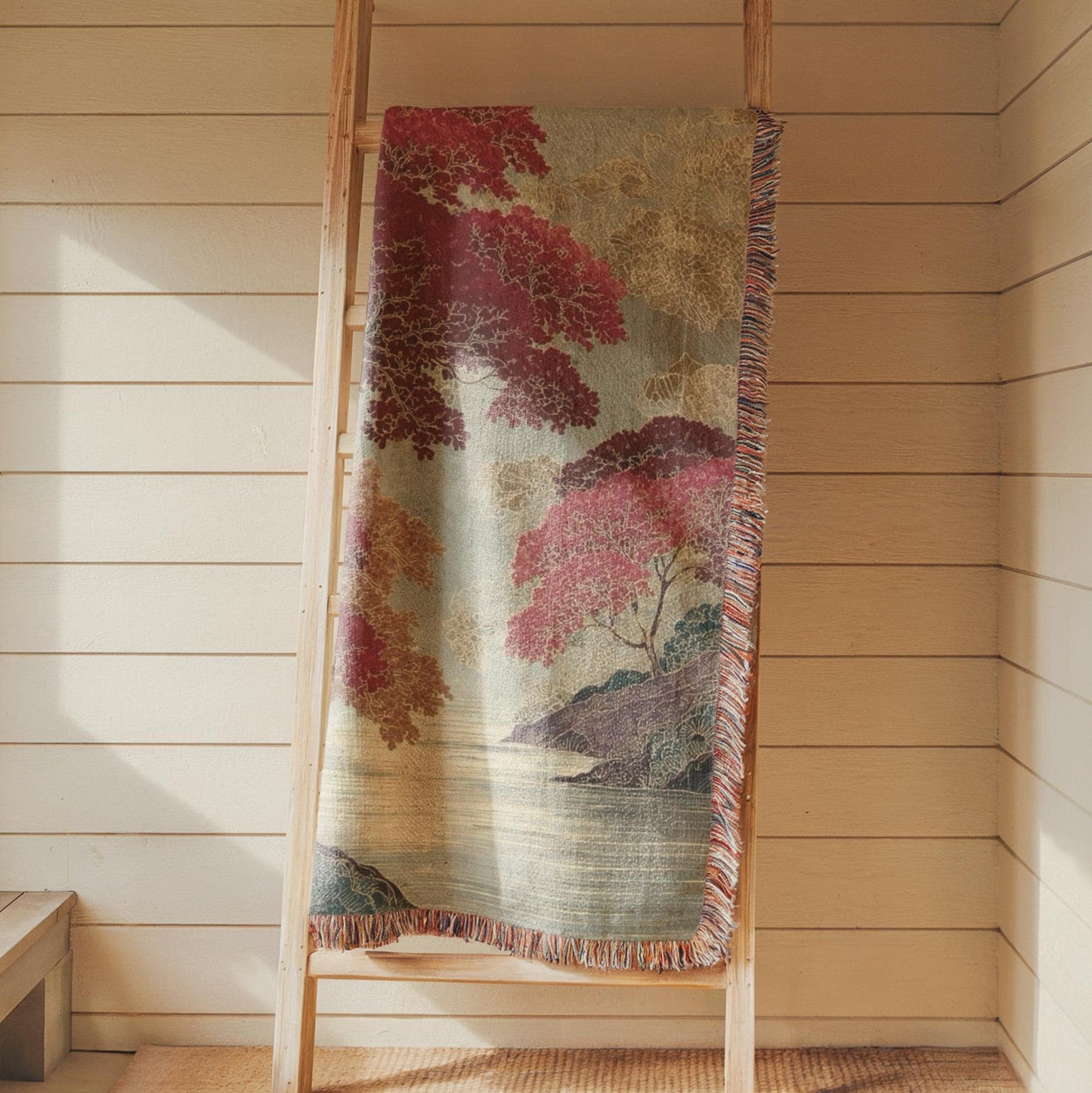 Scandinavian Inspired woven wall tapestry with rug-style pattern styled as textile wall decor