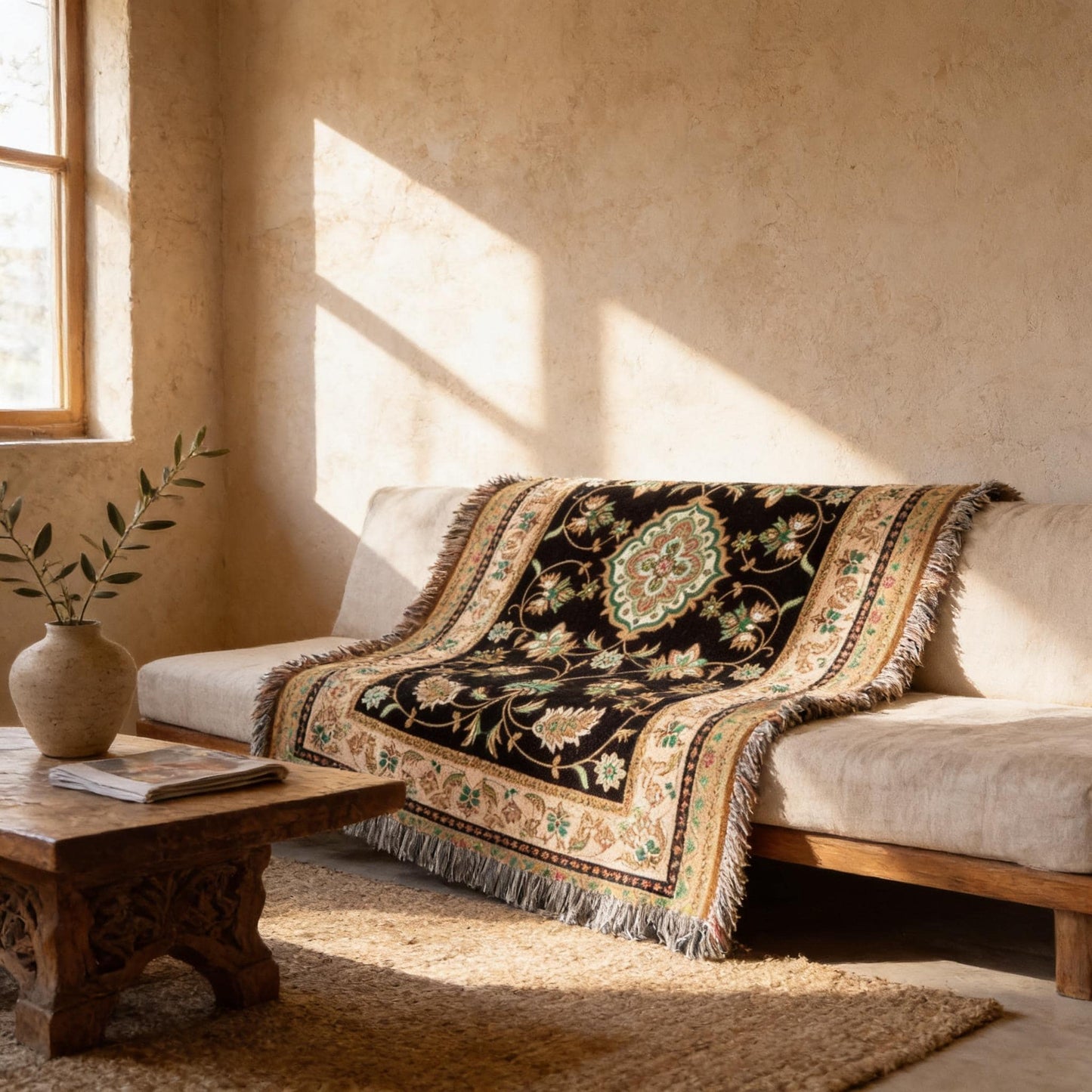 Caucasian Rug Inspired woven wall tapestry with geometric pattern styled as textile wall decor