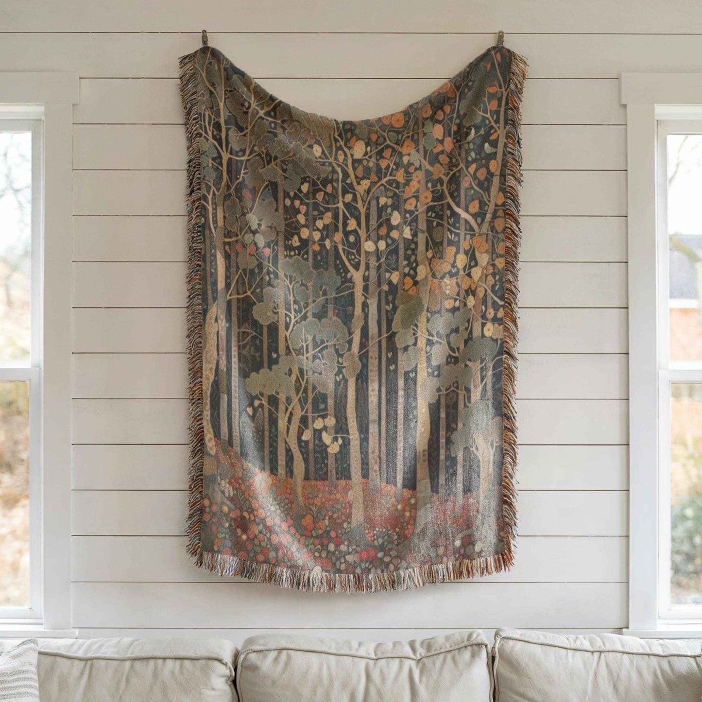 Scandinavian Inspired woven wall tapestry with rug-style pattern styled as textile wall decor
