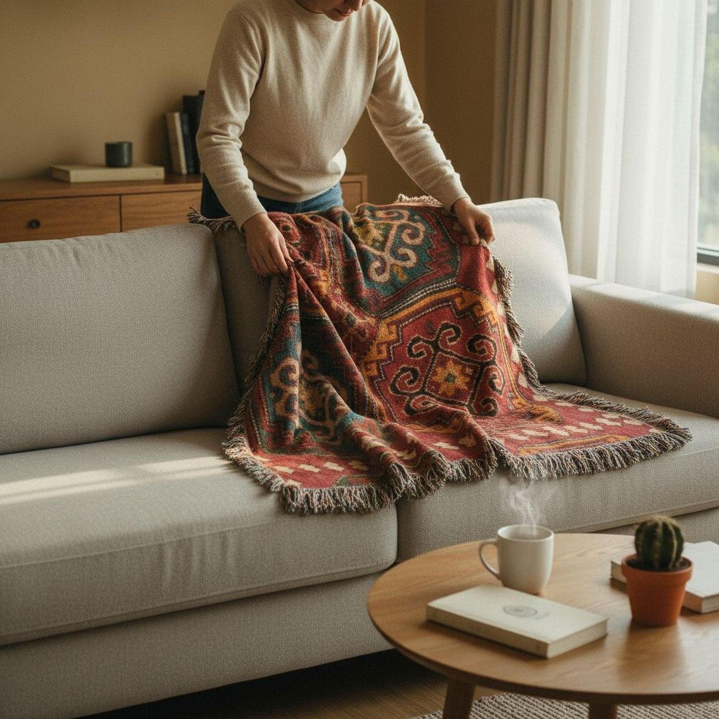 Moroccan Inspired woven blanket with woven pattern styled for layered home decor