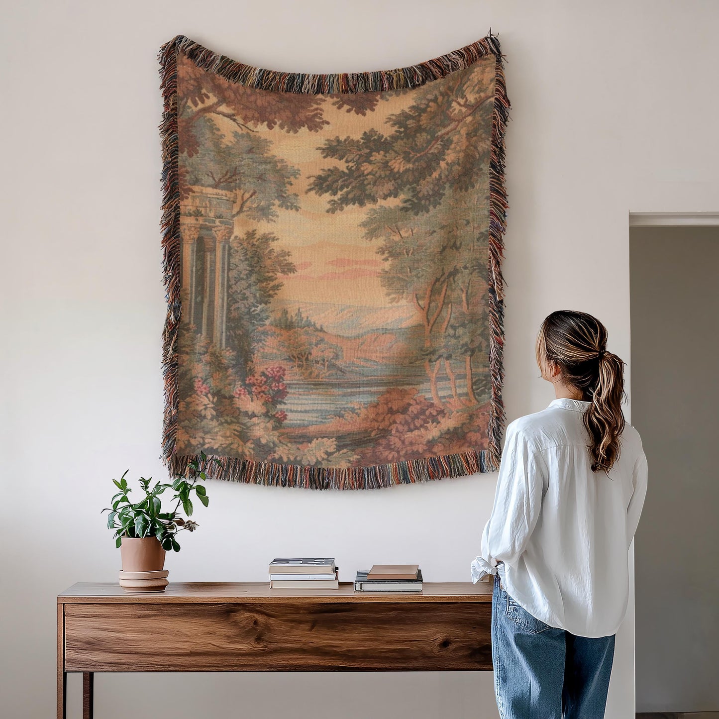 Modern Geometric woven blanket with geometric pattern styled for layered home decor