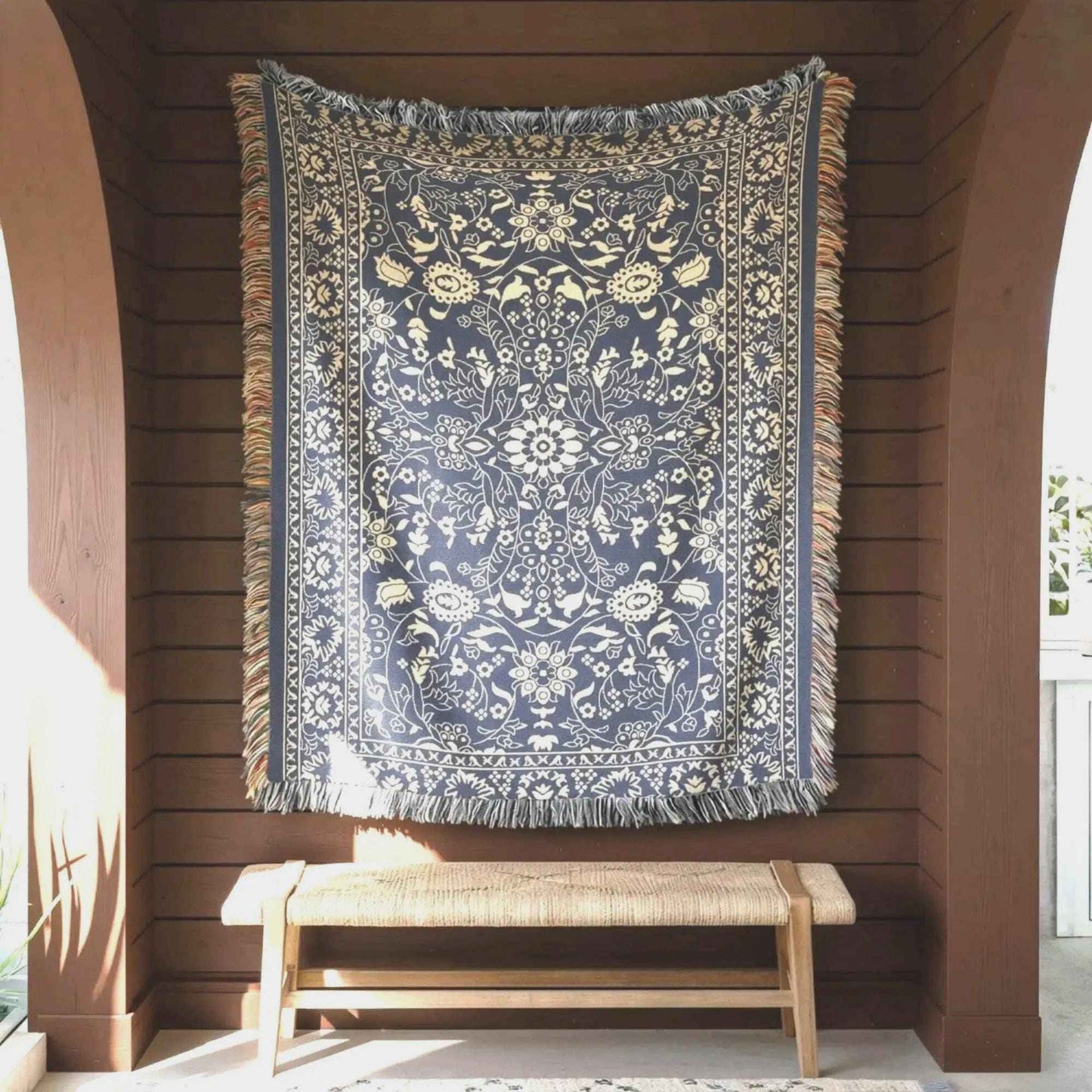 Anatolian Inspired woven wall tapestry with rug-style pattern styled as textile wall decor