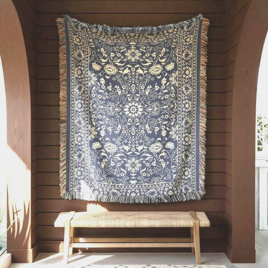 Anatolian Inspired woven wall tapestry with rug-style pattern styled as textile wall decor