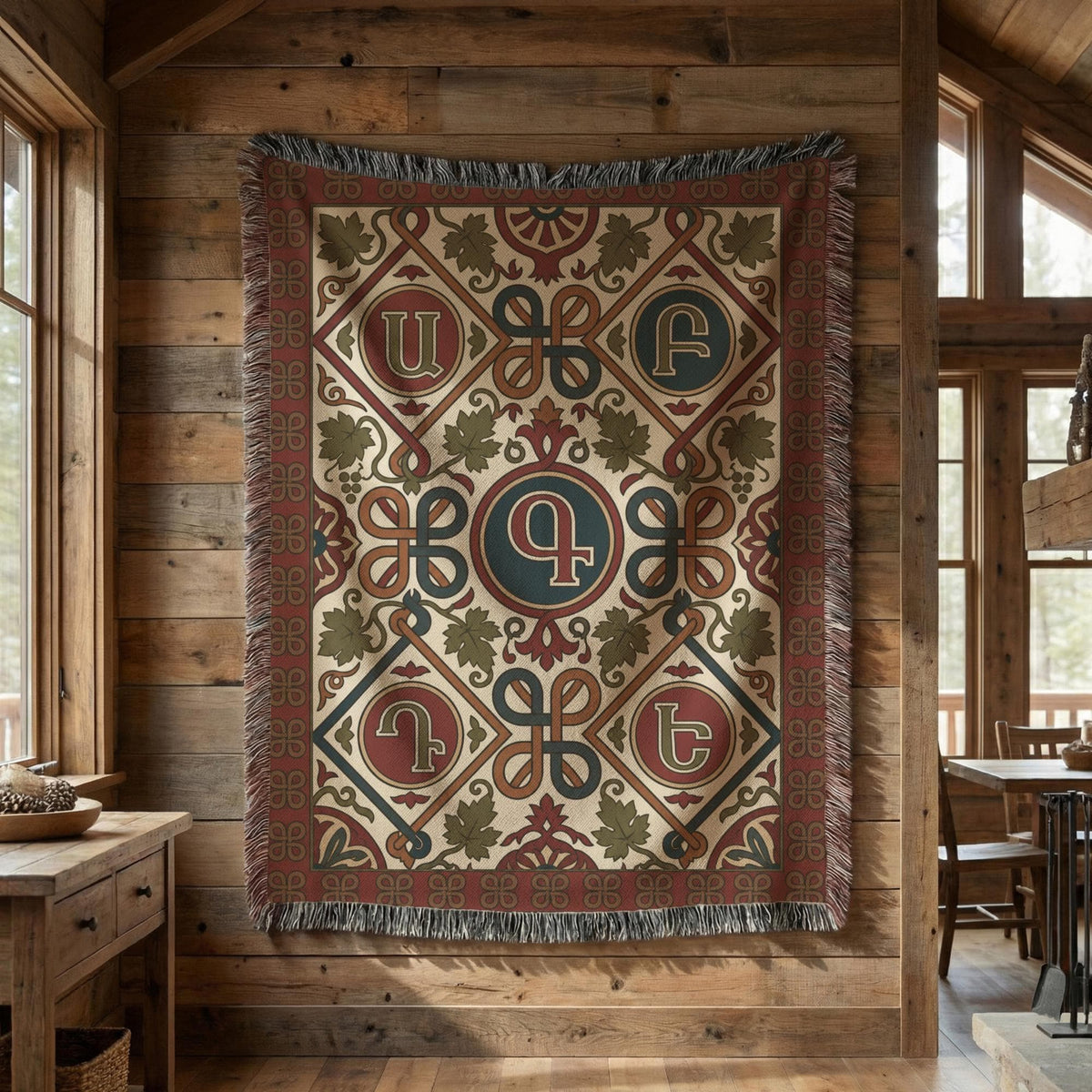 Armenian letter woven wall tapestry in rust, teal and cream displayed on a wall