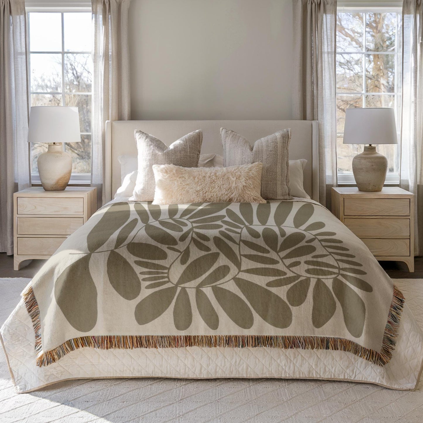 Woven Bedroom Blanket - Mid Century Modern Throw With Scandi Leaves Pattern | Cozy Home Decor