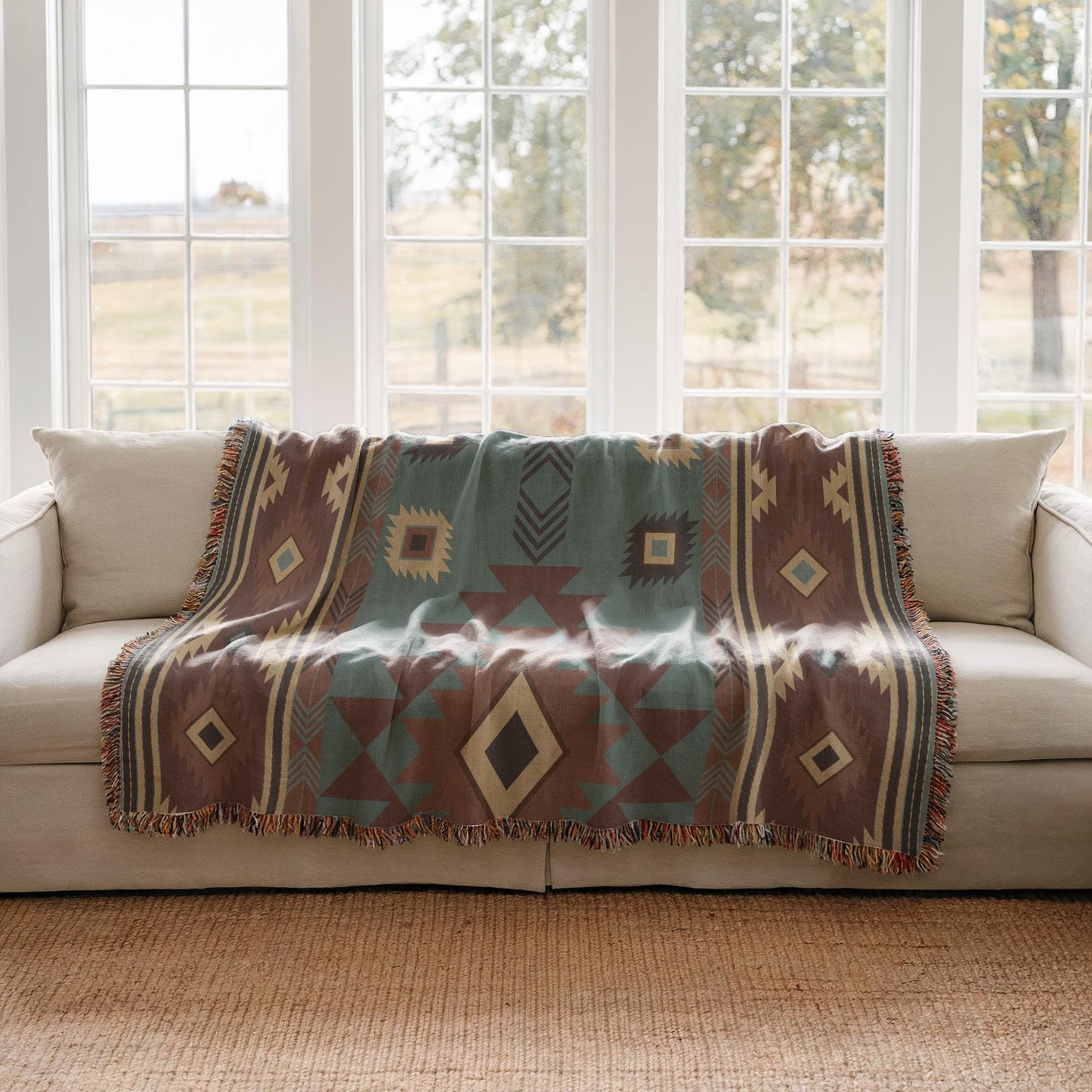 Southwestern woven blanket with geometric pattern styled for layered home decor