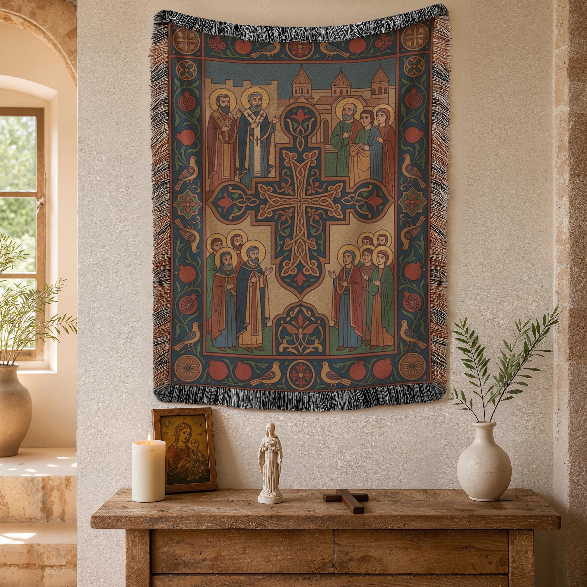Armenian Christian wall tapestry above console table, saints around the cross tapestry, fringed edge and decorative vase, warm vintage hues