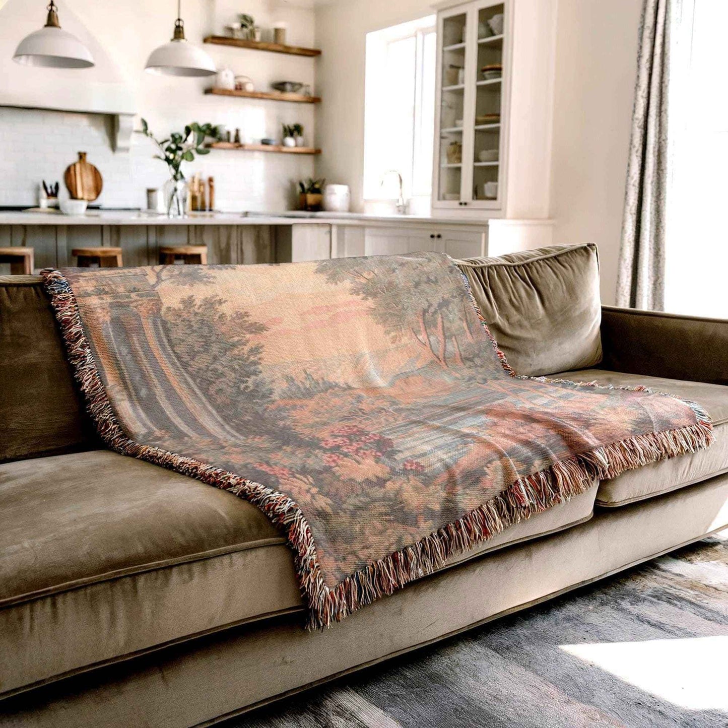 Modern Geometric woven blanket with geometric pattern styled for layered home decor