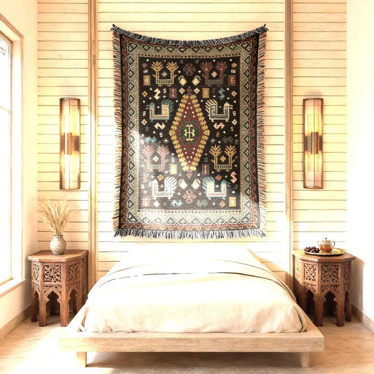 Caucasian Rug Inspired woven wall tapestry with geometric pattern styled as textile wall decor