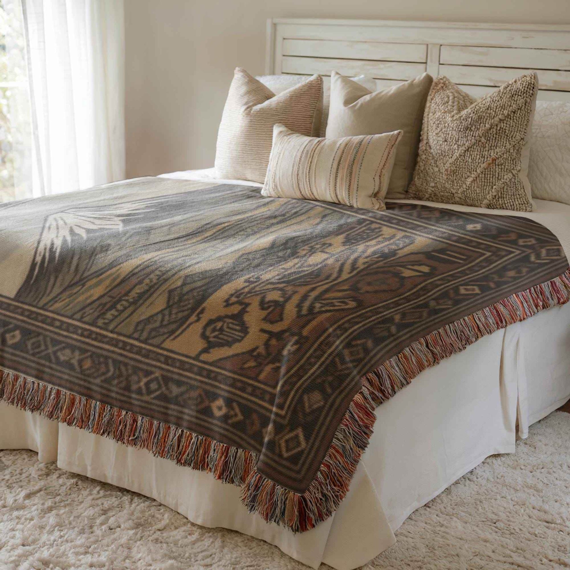 Armenian Throw Blanket – Annunciation Tapestry Cotton Decorative Throw with Mount Ararat Design - timelessbohochic.com